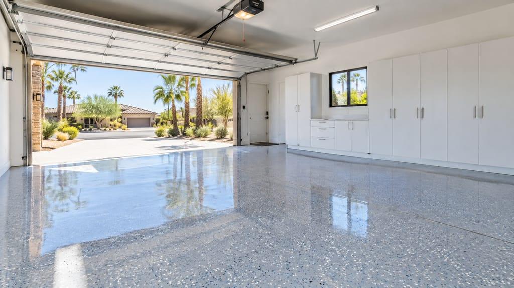 Finished flake epoxy garage floor opening onto a Phoenix street